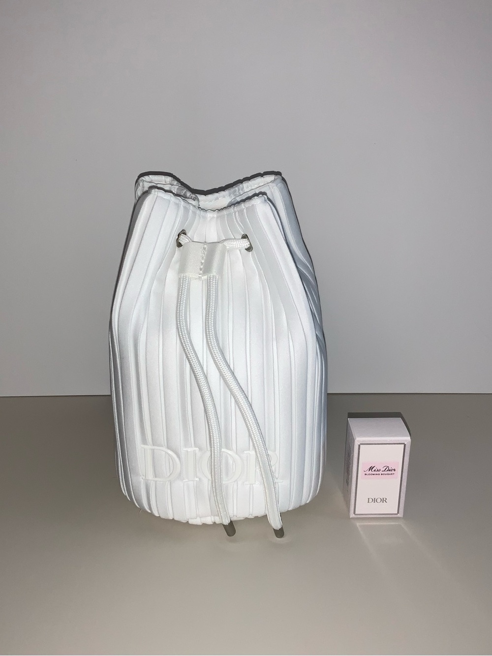 Dior White Pleated Mini Drawstring Bucket Bag